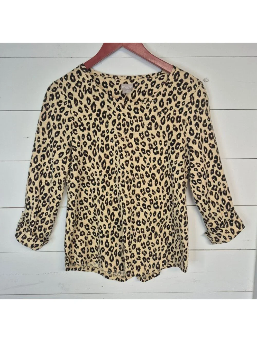 Chicos Leopard Print 3/4 Sleeve Top XS 00 Beige & Black Lightweight Cotton Blend - Picture 1 of 6